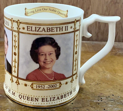 SUTHERLAND Porzellan TASSE für späte KÖNIGIN's GOLDEN JUBILEE 2002 'Nachfolgeliste'