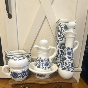 Avon Patchwork Delft Blue & White Decorative Glass Bottles Boxed- Set of 3
