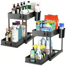 2PC Pull Out Under Sink Organizer 2 Tier Kitchen Bathroom Storage Shelf