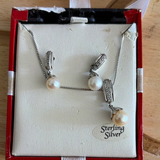 Macy's 925 Sterling Silver White Round Pearl Necklace Pendant & Earrings Set