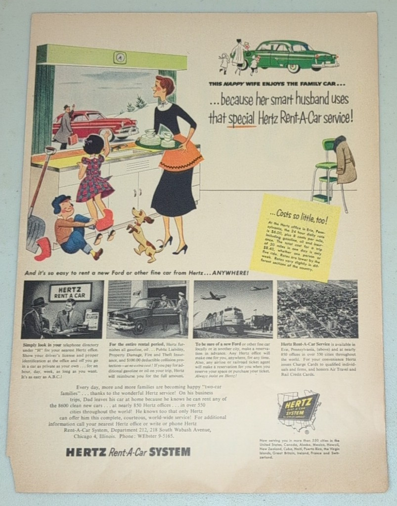 1954 Hertz Vintage Print Ad Rent a Car Ford Travel Vacation Business Luxury