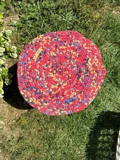 Vintage Braided Rag Rug Round 15" Multicolor Red Farmhouse Primitive Table Mat