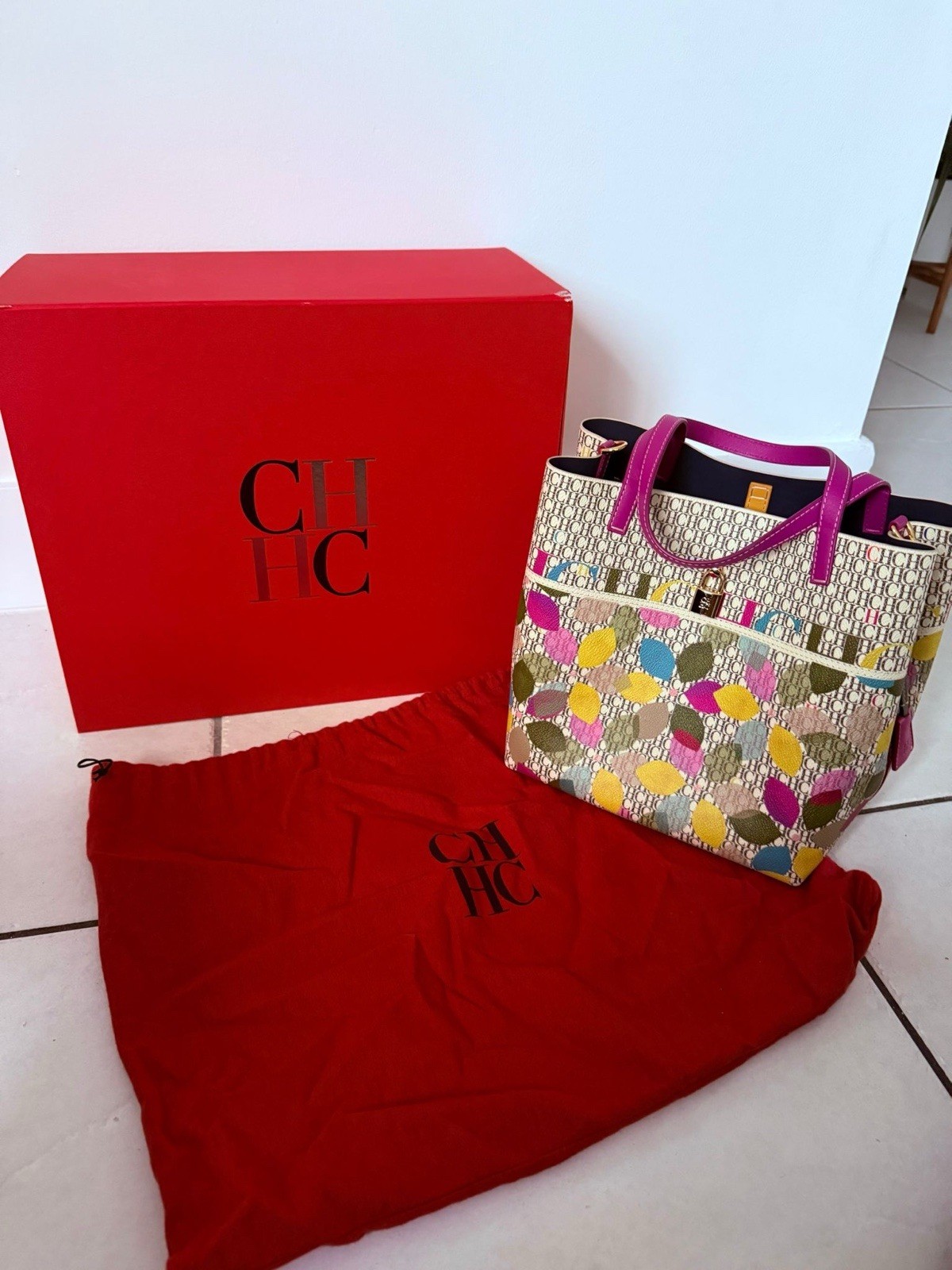 Carolina Herrera CH Monogram Multicolor Tote Purple Double Handles Padlock Key
