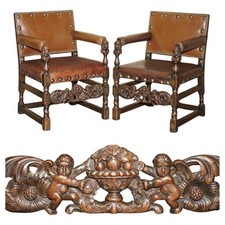 PAIR OR ORNATELY HAND CARVED ANTIQUE JACOBEAN REVIVAL EDWARDIAN THRONE ARMCHAIRS
