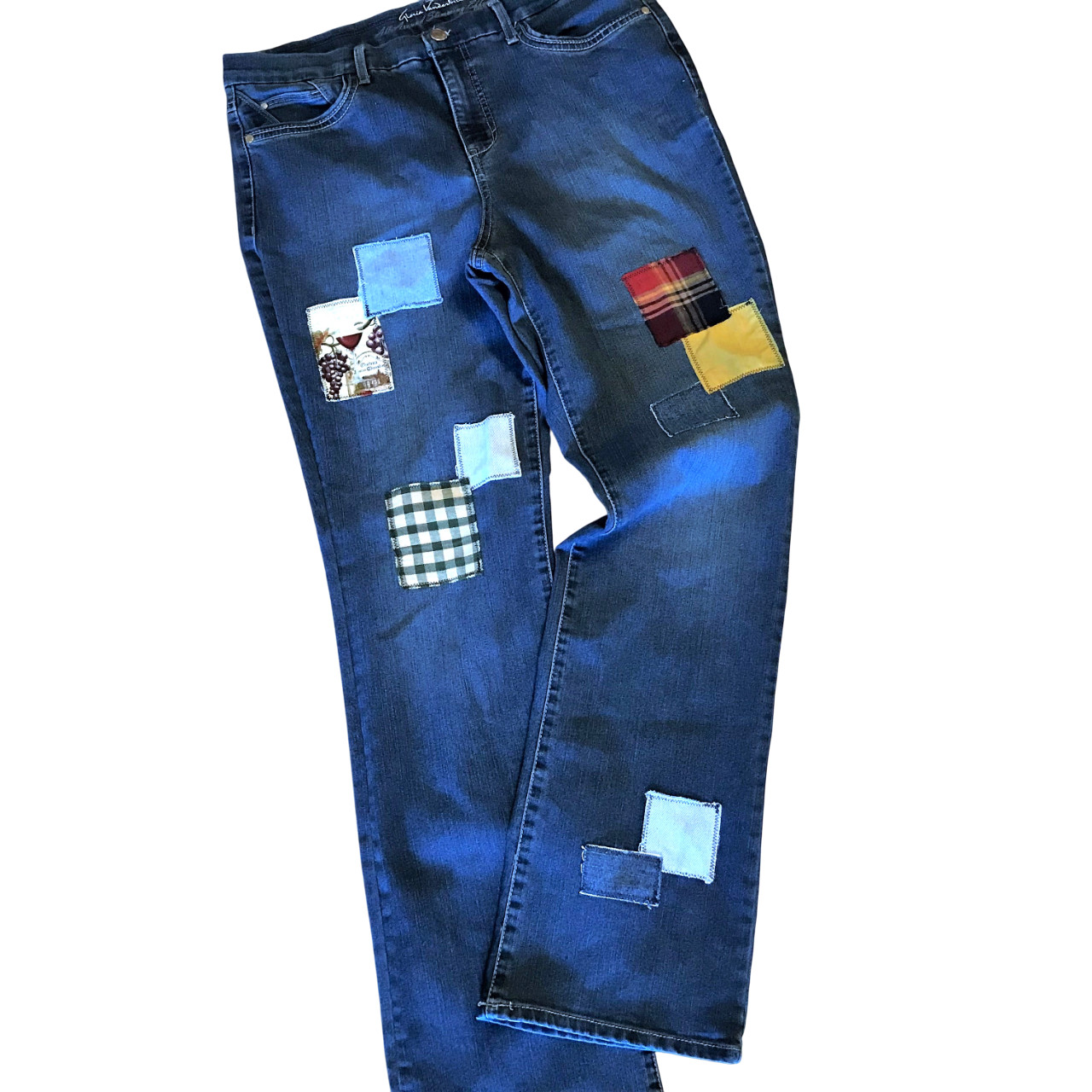 Upcycled Patchwork Jeans, Wine Theme Boho Hippie … - image 1
