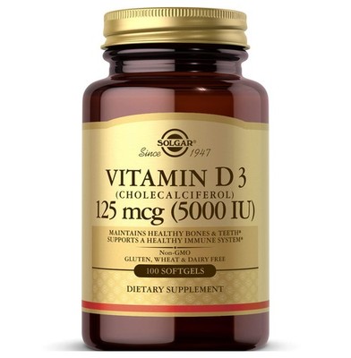 Solgar Vitamin D3 Cholecalciferol 125 MCG 5000 IU, 100 Softgels - Helps