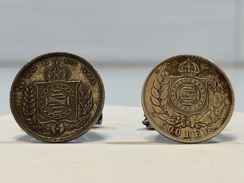 Antique 1860’s Brazil 500 Reis Silver Cufflinks Unique Hand Backings/Toggles - Afbeelding 1 van 11