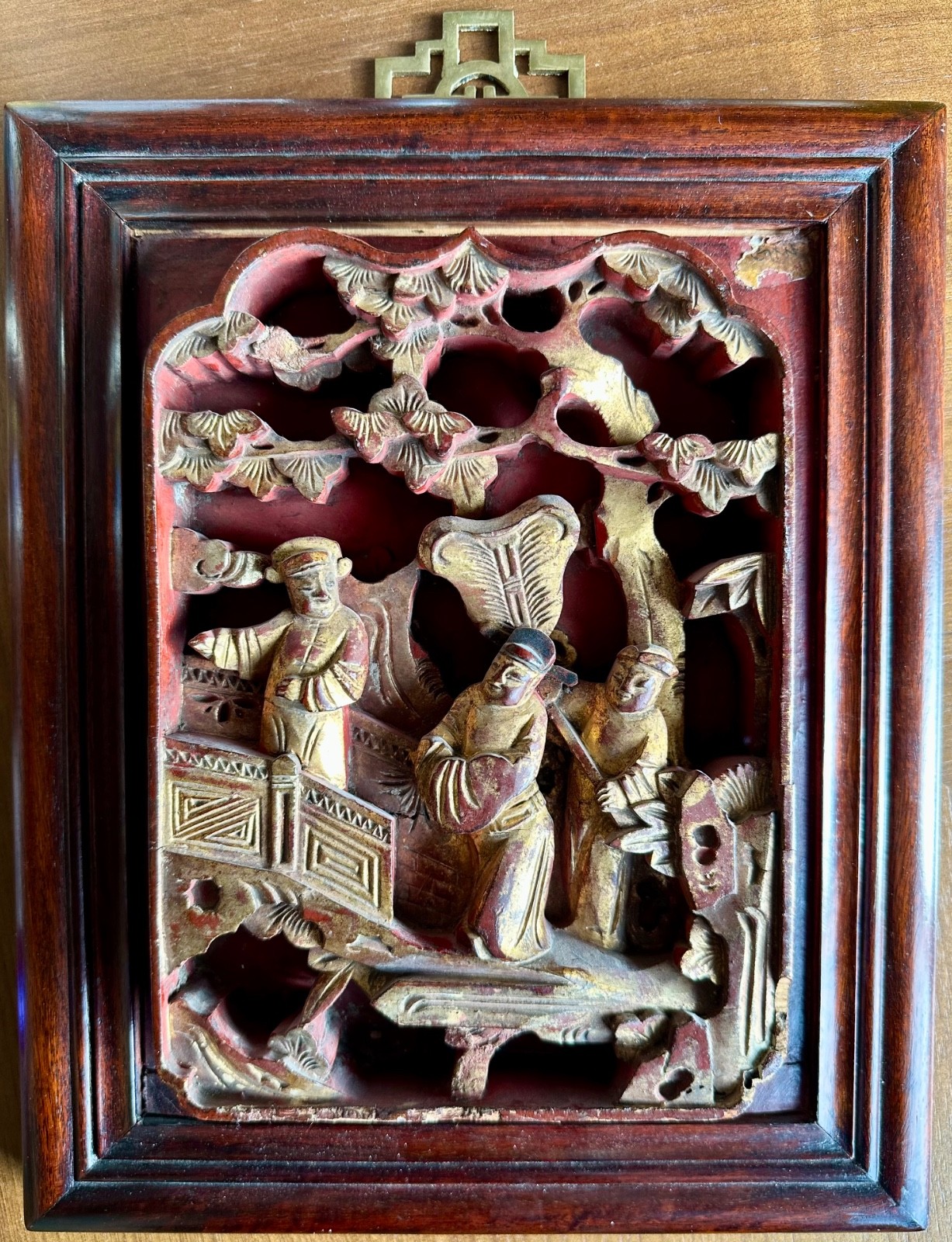 2 Antique Chinese Red & Gilt Wooden Deep Carved Panel Wood 19th Century