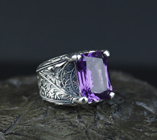 925 Sterling Silver Engraved Square Purple Amethyst Gemstone Ring
