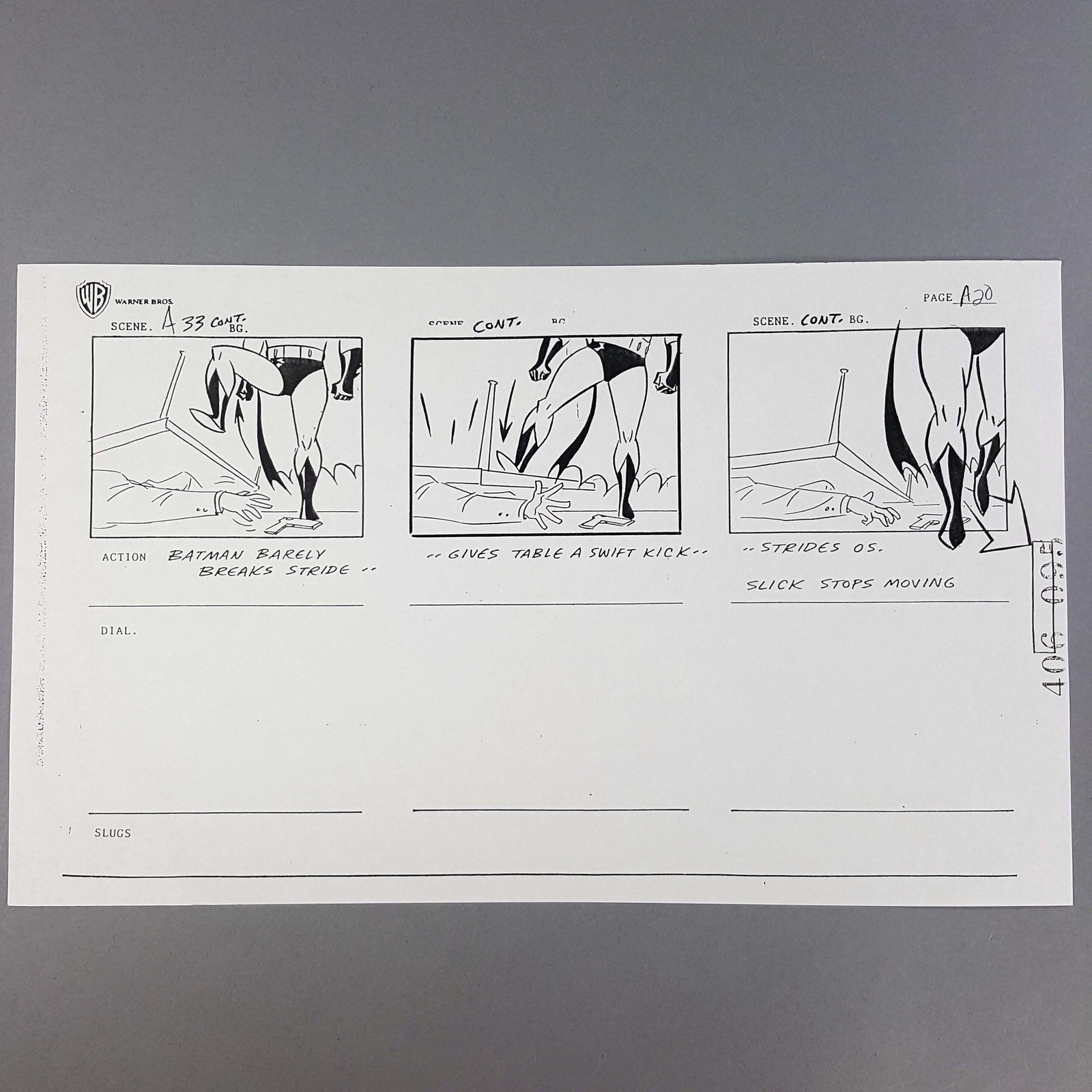 Batman: Mask of the Phantasm Storyboard Batman Kicks Table onto Slick, COA