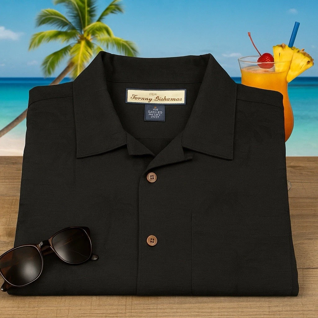 Tommy Bahama 100% Silk Shirt XL Black Palm Tree Jacquard Button Front Camp