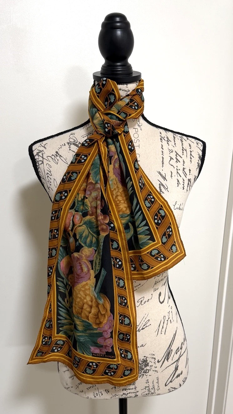 Albert Nipon Scarf Womens One Size Gold Satin Fruit Floral Rectangle Wrap
