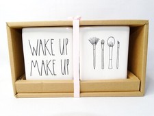 Rae Dunn Ceramic Square Containers Set Wake Up Make Up Makeup Brush Container