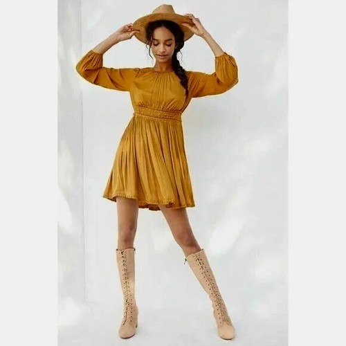 NWT!! Anthropologie MAEVE Saniya Mini Dress Solid Gold Pleated Flirty Small - Picture 4 of 16