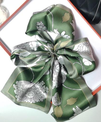 100% Satin Silk Scarf 55x6 Inches Floral Green Shawl Wrap for Women HD112-1