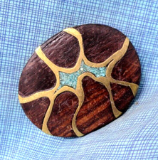 Artisan Hippie Abstract Belt Buckle Brass Wood Stone Inlay Vtg 60s 70s .NOX505