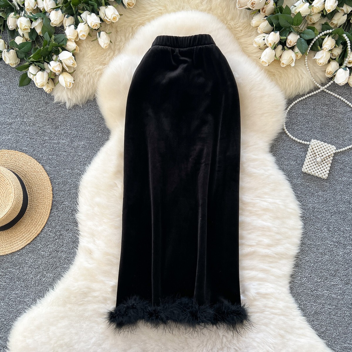 Womens High Waist Elastic A Line Faux Fur Patchwork Velvet Wrap