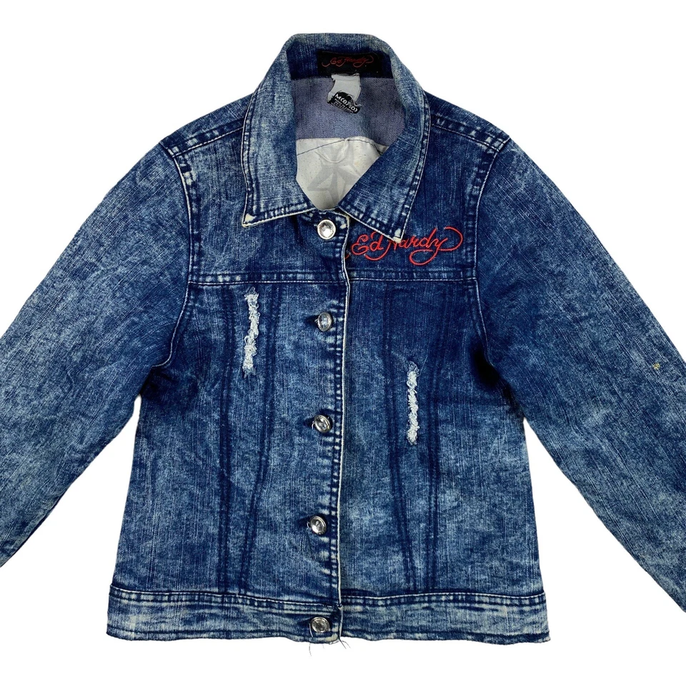 Chaqueta Denim Ed Hardy Niños Niñas Talla M 8/10 Azul Camionero Floral Corazones Y2K Foto 3 de 4