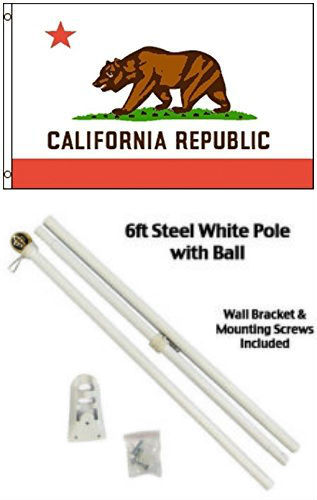 3x5 Bandera del Estado de California Bandera Blanca Kit Bola de Oro Top 3'x5' Juego de astas de bandera - Imagen 1 de 1