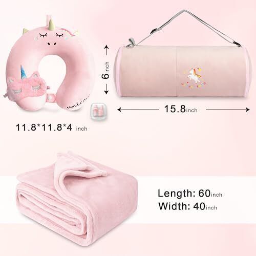 Manta y almohada de viaje para niños - Manta de avión rosa suave premium con ajuste... - Imagen 4 de 7