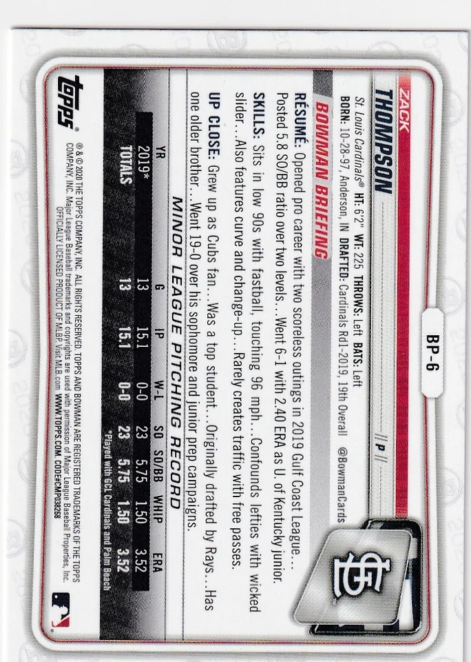 2020 BOWMAN RC ZACK THOMPSON ST. LOUIS CARDINALS ROOKIE PROSPECTS - S334 - Image 2 of 2