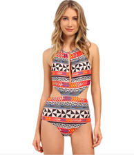 MARA HOFFMAN SLIT FRONT HALTER ONE PIECE SWIMSUIT RED BLUE LARGE NEW  218
