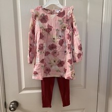 Angel Dear Bordeaux Floral Cotton Dress Bamboo Legging Set Girls Size 3T NWT