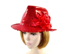 Red Sewn Sequin Fedora Trilby Hat Large Sequin Flower Society Lady