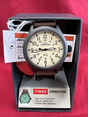 Timex T49963, Men's Expedition Scout Brown Leather Watch, Date, Indiglo, NEW