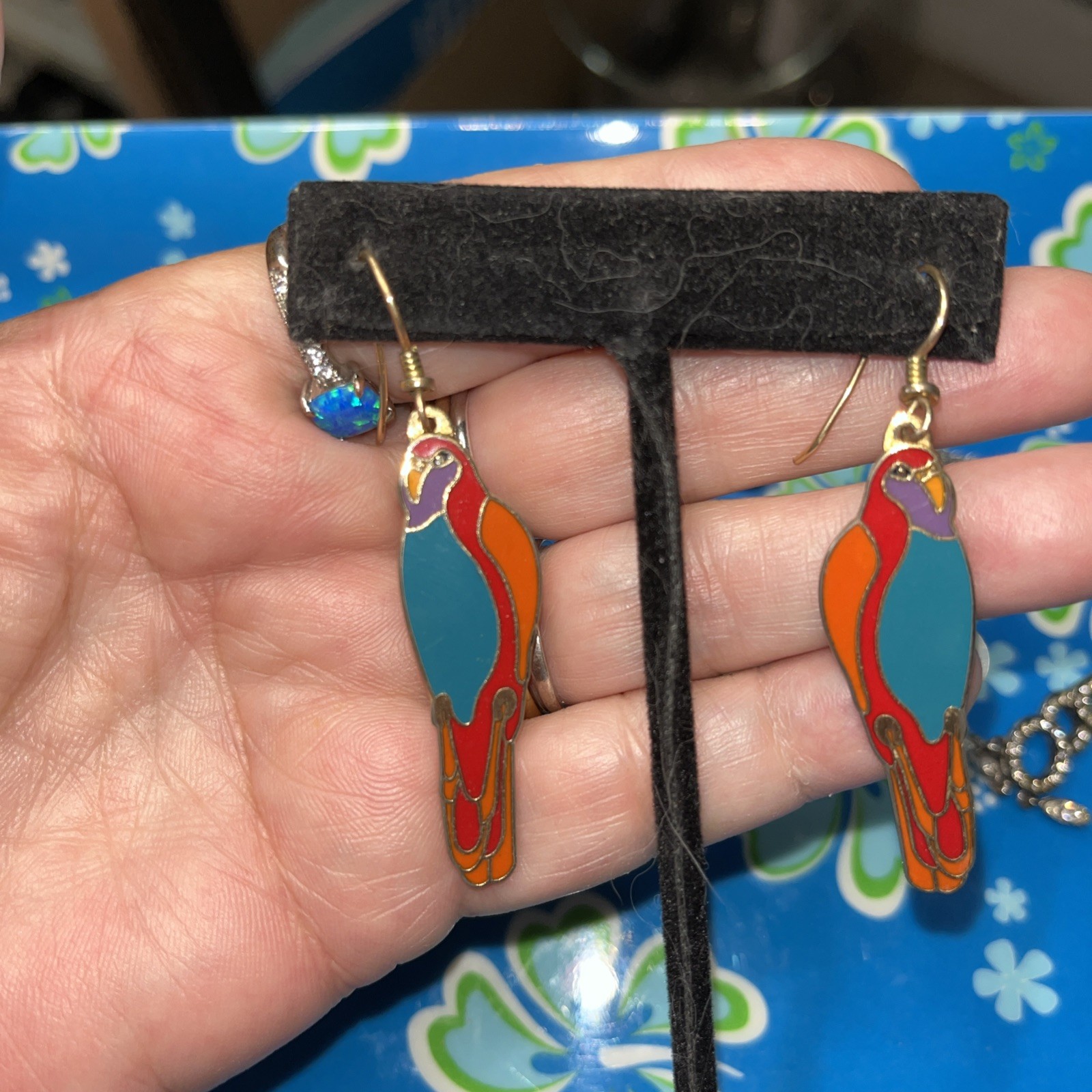 Laurel Burch “PARROT” Cloisonné Enamel Gold plated Dangle Drop Earrings