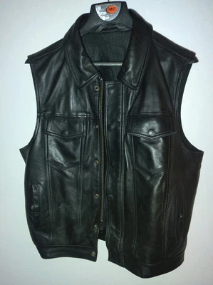 FIRST MFG CO XL VEST CANCEAL CARRY INSIDE POCKETS LEATHER VEST VG USED BIKER FS - Image 1 of 4