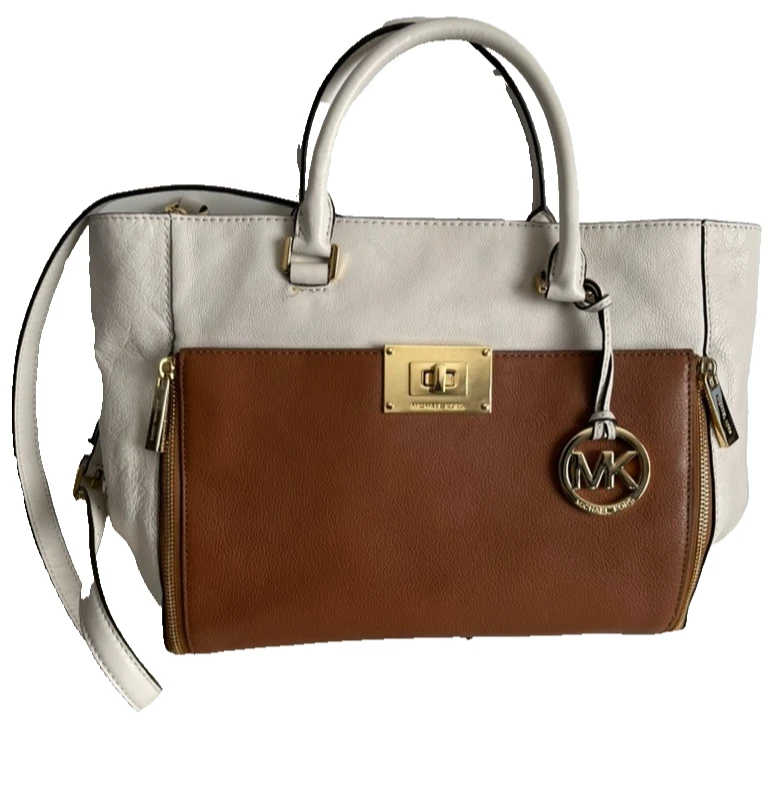 Vintage MICHAEL KORS Sutton Style Shoulder Bag Tan White MK Purse Classic