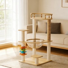 32.2" Wood Cat Tower Sisal Scratching Post, Acrylic Hammock Top Perch for Cats