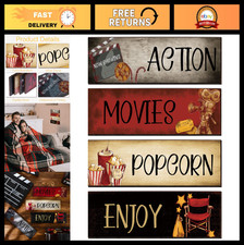 4-Piece Movie Theater Decor Set - Rustic Wooden Wall Art for Home Cinema, Popcor