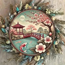2D Flat,2D Flat Japanese Garden Theme Round Aluminum Foil Carved Wall Art,8x8inc