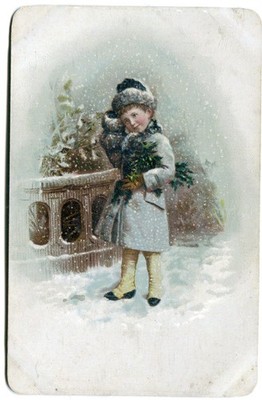 Glanzbild Oblaten scraps Karten Litho Mädchen Winter Schnee Äste 13,6 cm