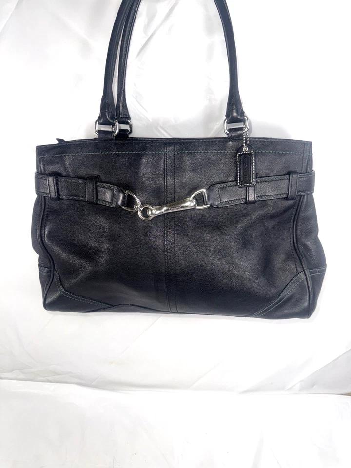 Bolso de mano Coach Hampton grande de cuero negro con cinturón de colección E050-8A71 Foto 2 de 4