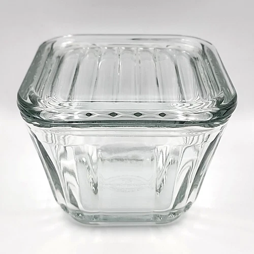 Ribbed 4.5” Square Refrigerator Dish W/Lid Vintage Anchor Hocking 1932 Design