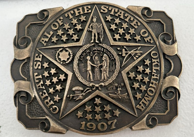 Vintage ADM Award Design Metals Inc Solid Brass Buckle Great Seal State of Ok