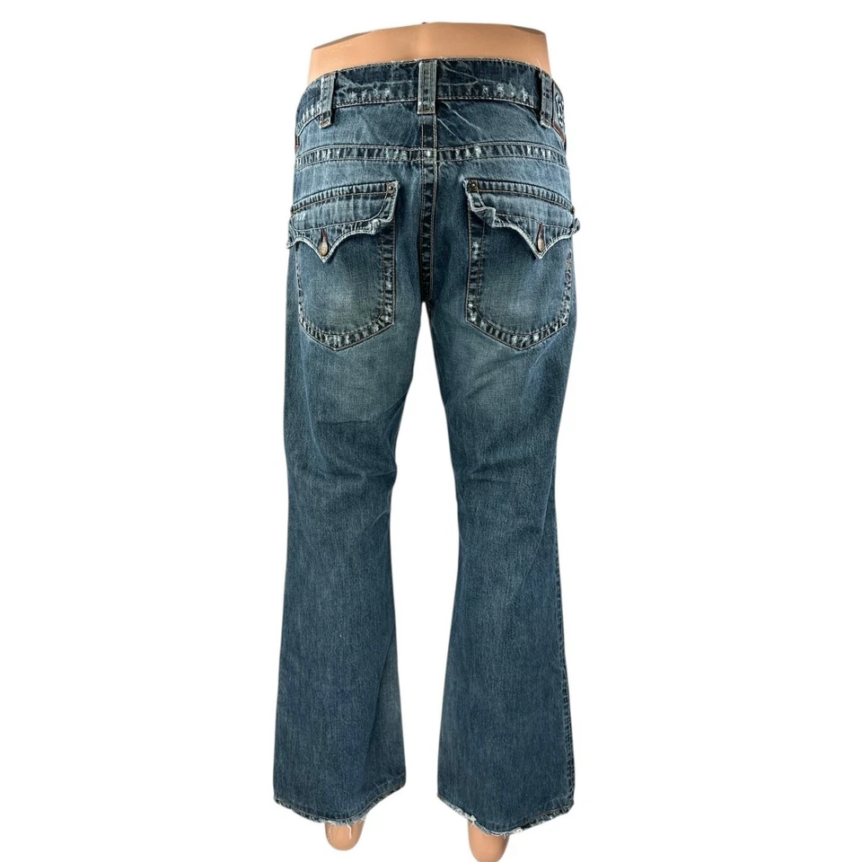 Pantalones de mezclilla acampanados 1921 para hombre azul lavado oscuro botón tiro medio corte boot OS Foto 2 de 4