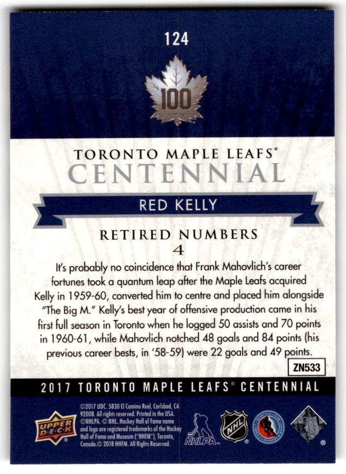 Red Kelly 2017-18 Upper Deck Toronto Maple Leafs Centennial SP #124 - Image 2 of 2