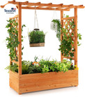 Raised Garden Bed with Arch Trellis, Wood Planter Box with Hanging Roof, Side Tr