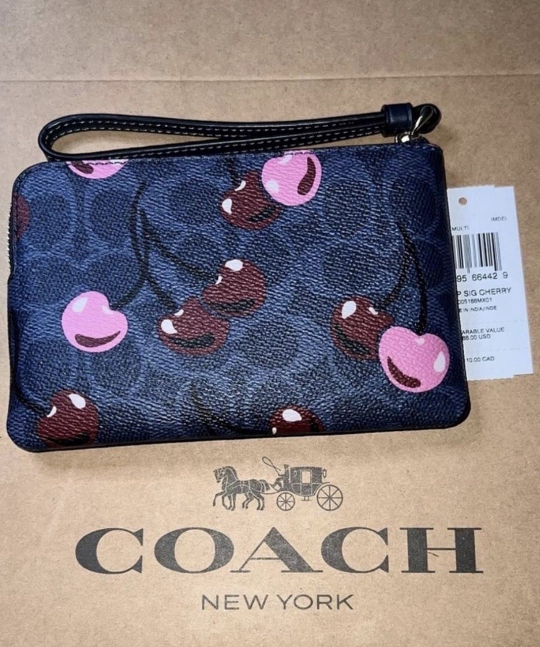 Coach Cherry Print Zip Wristlet Coated Canvas Navyblue, Pink Women's Bag