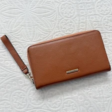 Rebecca Minkoff Regan Zip Wristlet with Lightning Charger, Brown Pebbled Leather