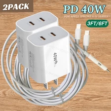2X 40W USB Type C Fast Charger PD Power Adapter Cable For iPhone 14/13/12/11/8/6