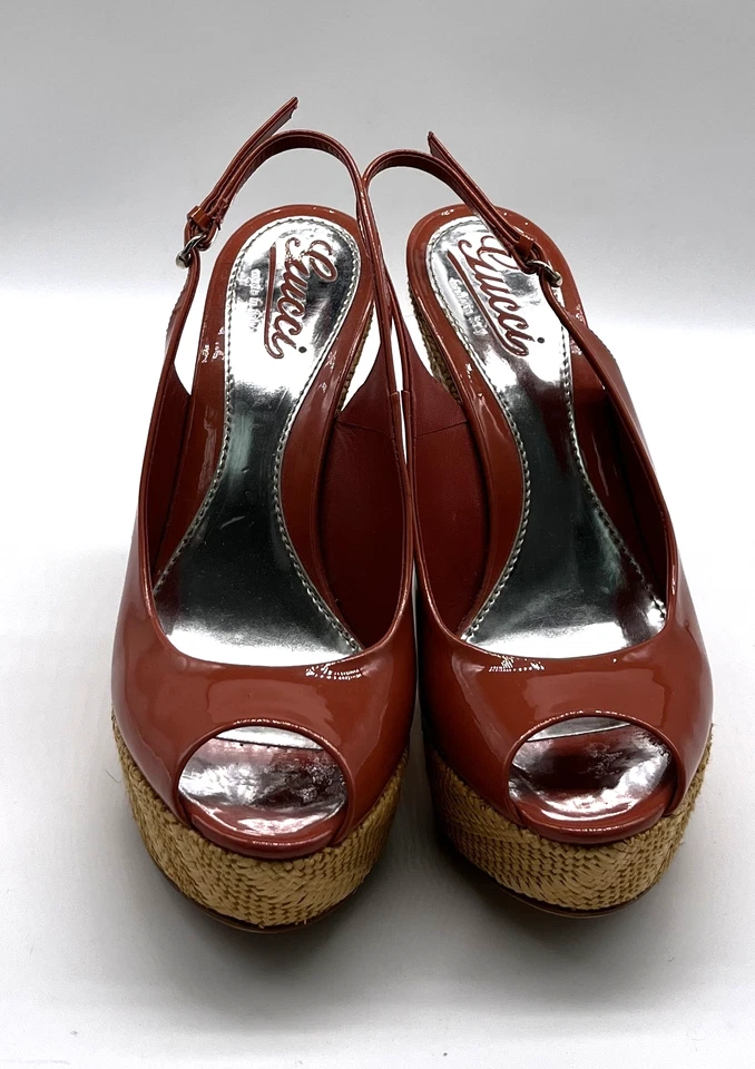 Gucci Coral Naranja Charol Peep Toe Slingback Tejido Rafia Cuña talla 38 Foto 2 de 4