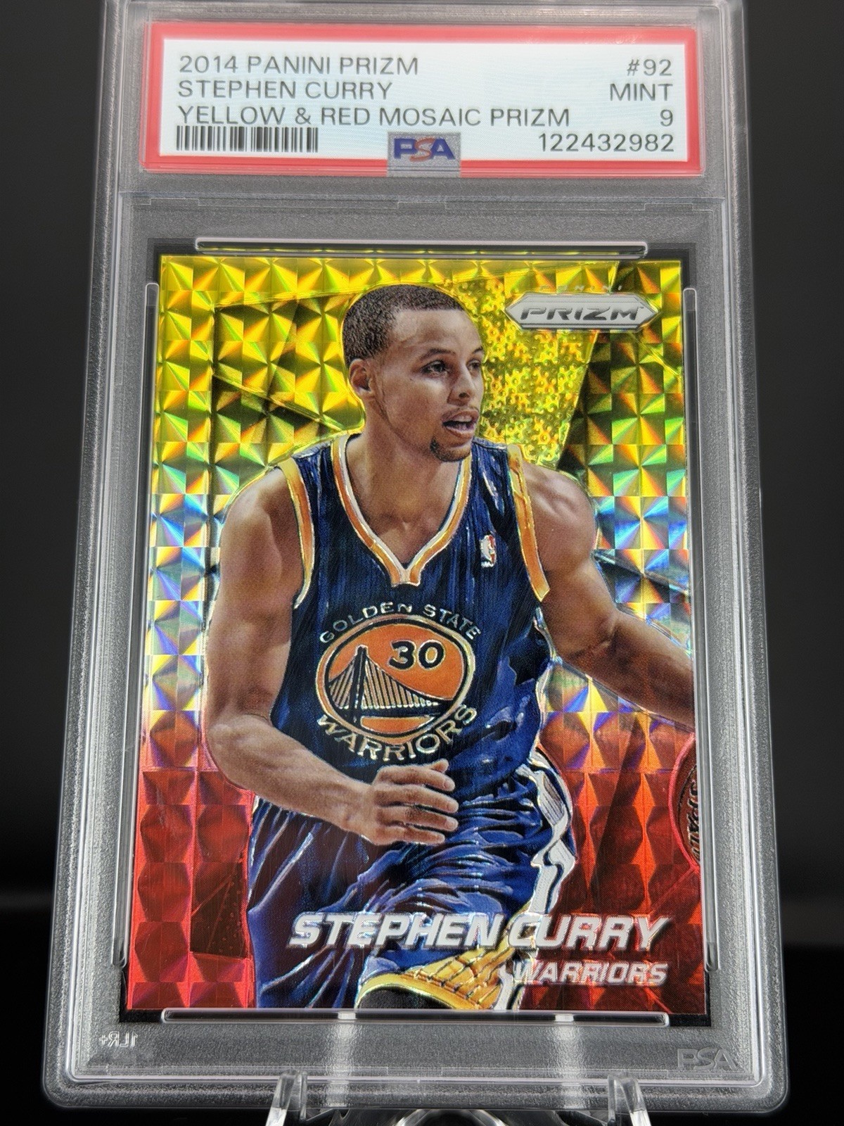 Panini Prizm 2014-15 Stephen Curry #92 Yellow & Red Mosaic Prizm PSA 9