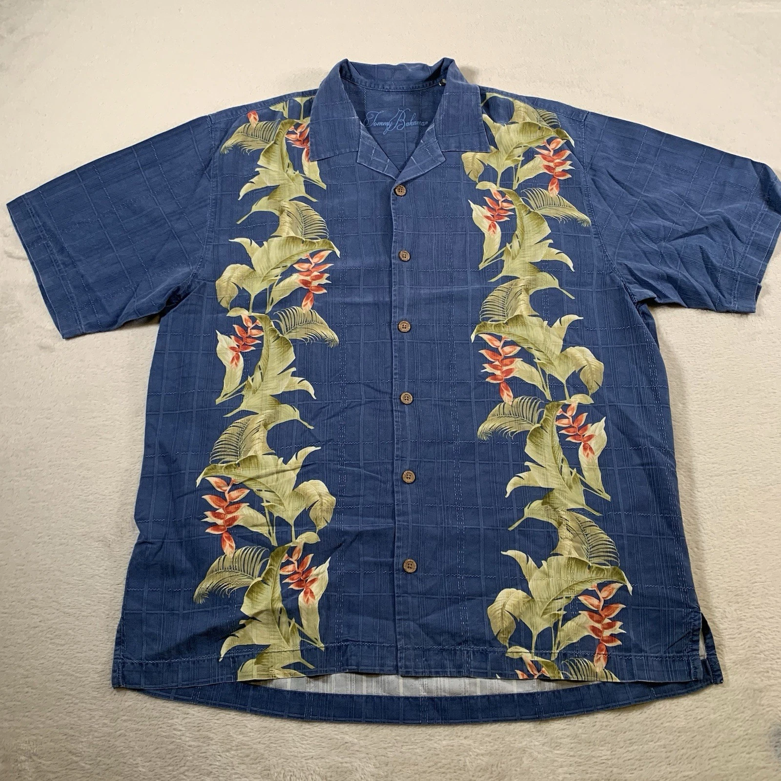 Tommy Bahama Shirt Mens Large Blue 100% Silk Camp Vertical Leaves Textured