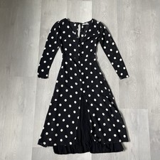 Reformation Black Dress 0 Womens Polka Dot Long Sleeve Front Slit Midi