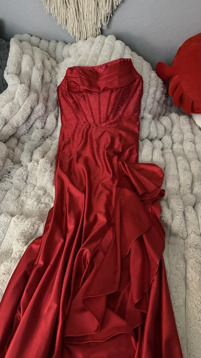 ebay red formal dress Ruby Red Satin Ballgown Dress With Lace Up Back And V Neck